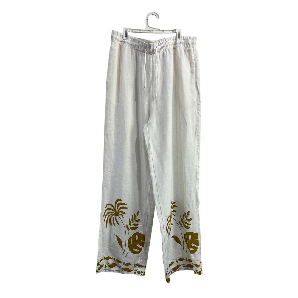 Rachel Zoe Linen Blend Tropical Wide Leg Pants White Gold Resort Size L